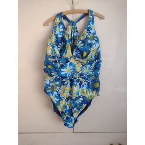 New Adore Me Deep V Floral Daisy One Piece Swimsuit Bathing Suit Plus Sz 3X Blue